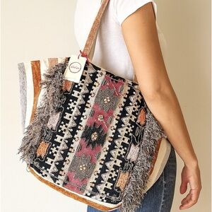 Raga Bonita Boho Statement Tote Bag Fringe Tribal Print Oversized Shoulder Purse